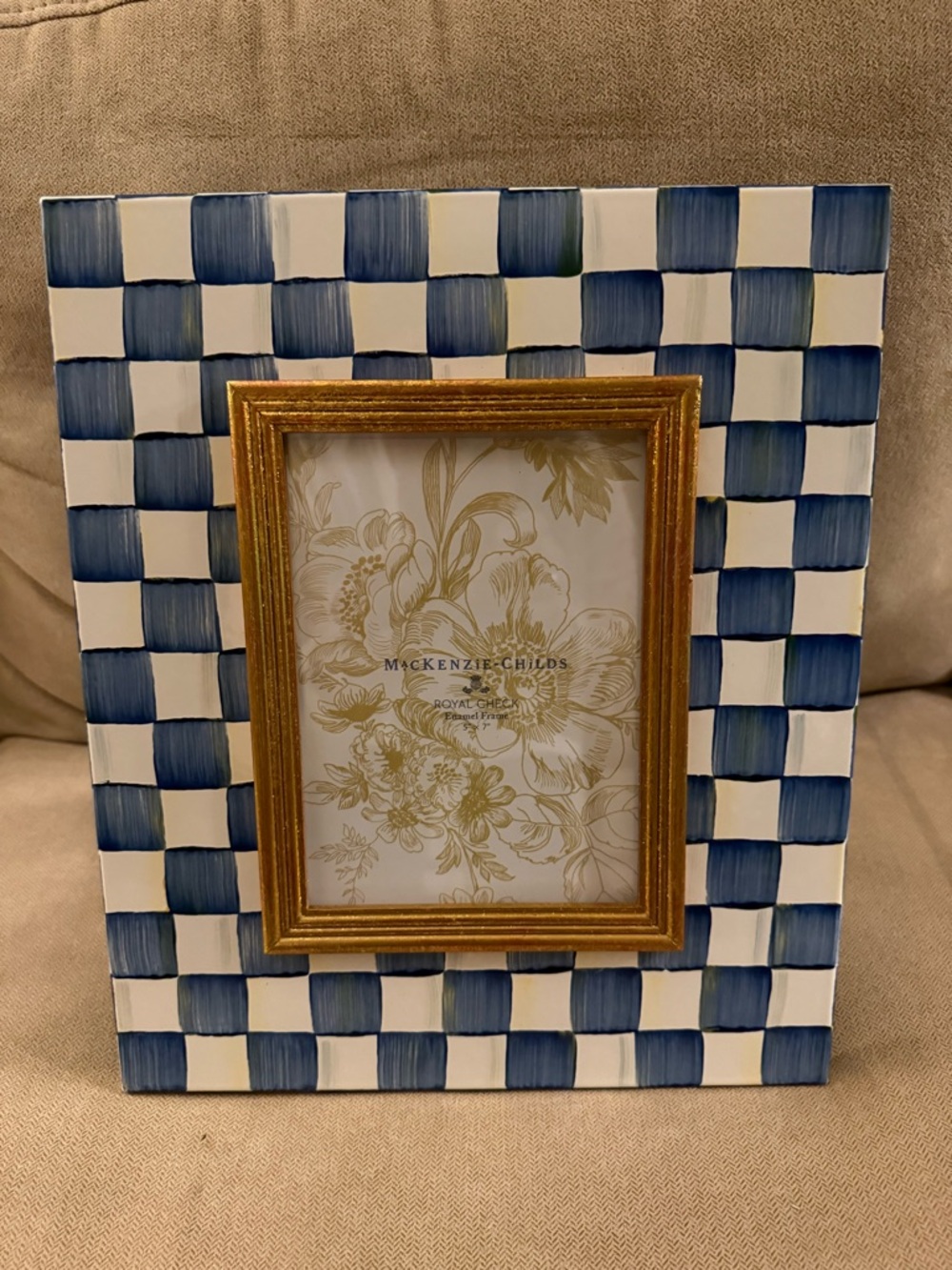 MacKenzie-Childs Blue & White Check Frame with Gold Inner Trim